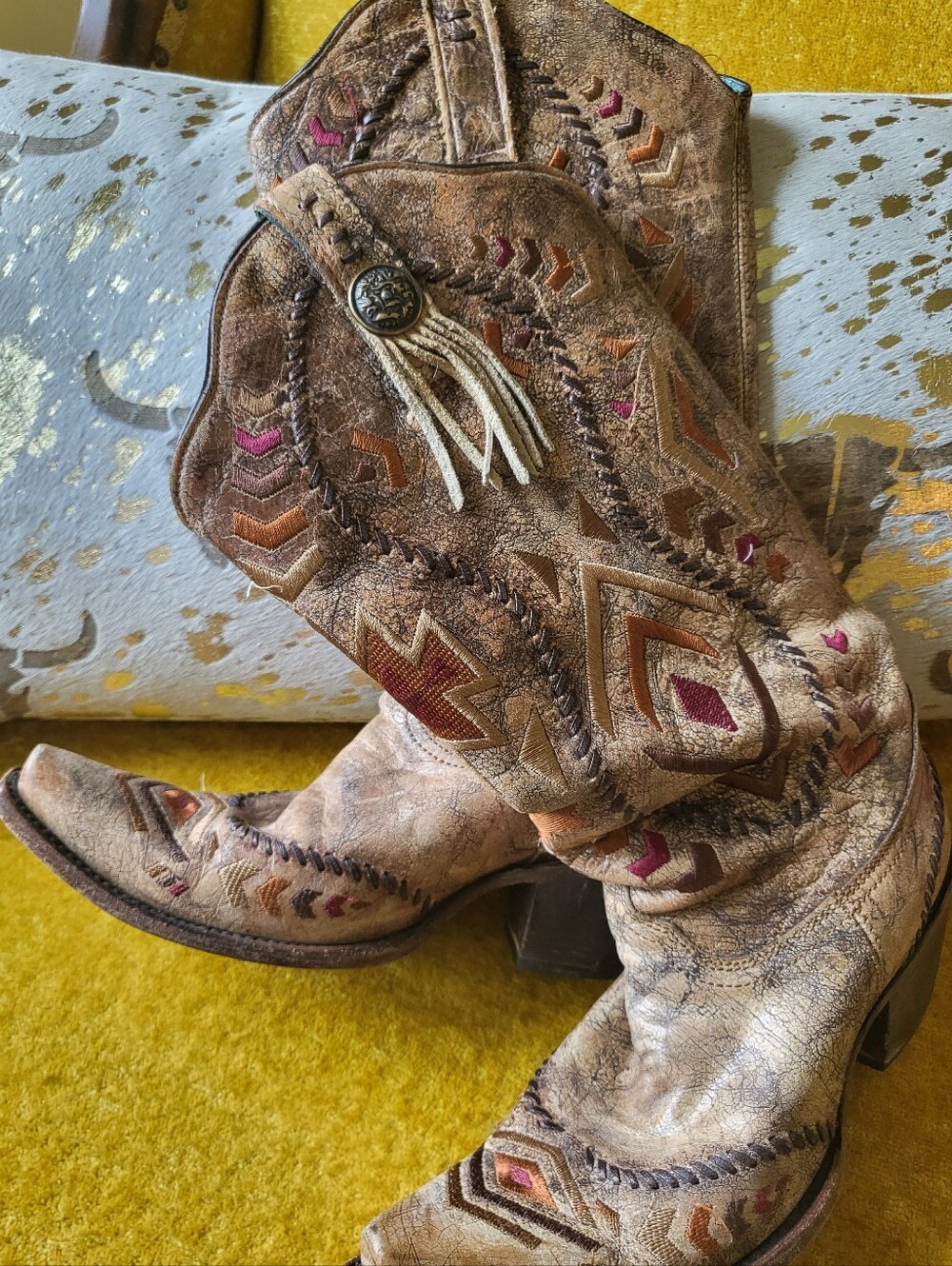 Womens Western Corral Boots with Earthy Embroidery & Tassels
